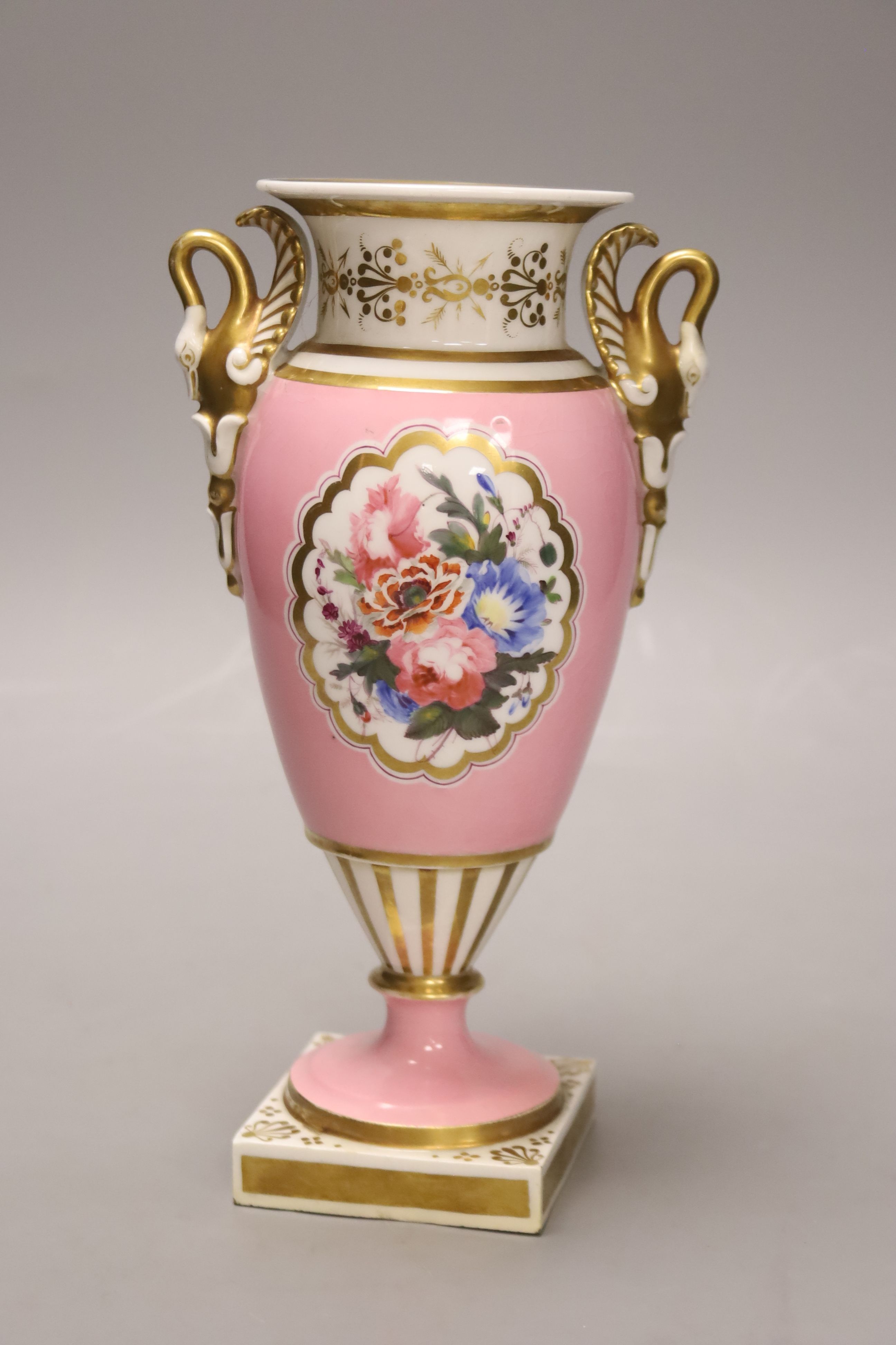 A Chamberlains Worcester pink ground vase, with swan neck handles, Chamberlains script mark to base, height 23cm